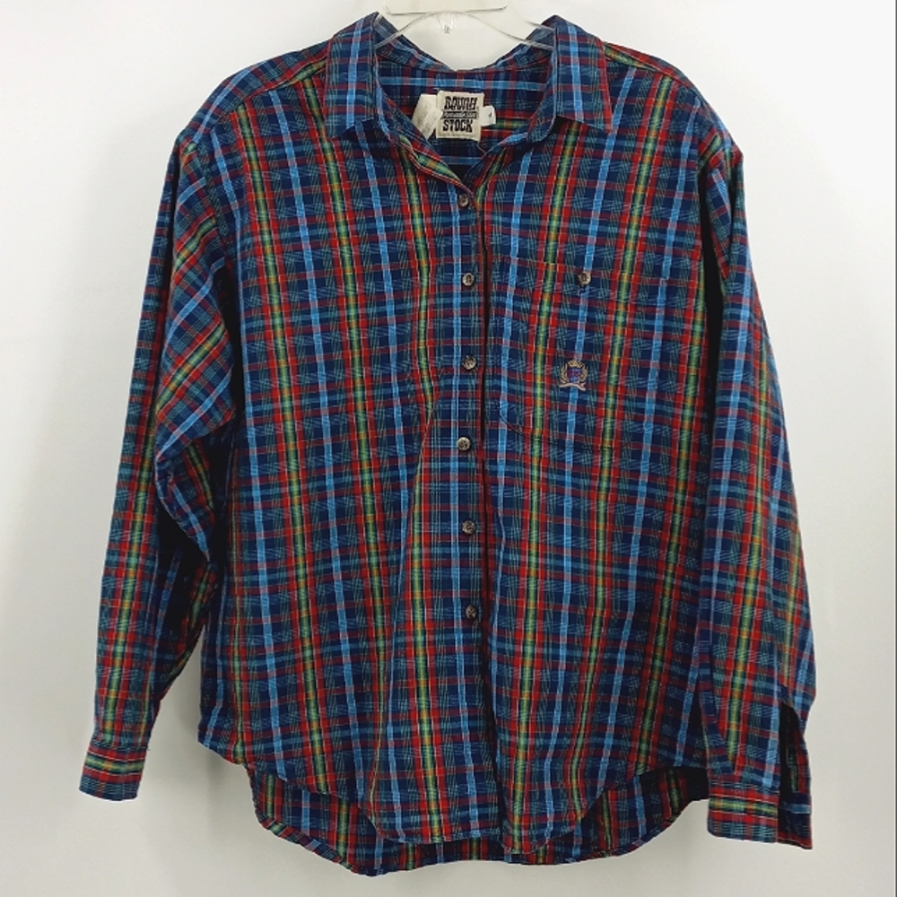 Vtg Panhandle Slim Button Up Shirt Women XL Blue Plaid Rough Stock Shoulder Pads